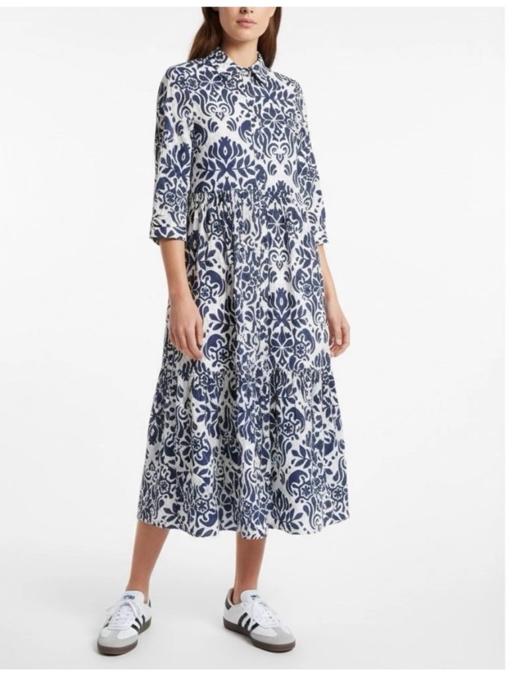 Zara Navy White Damask Print A-Line Long Sleeve Midi Shirt Dress Size XL - Picture 6 of 8
